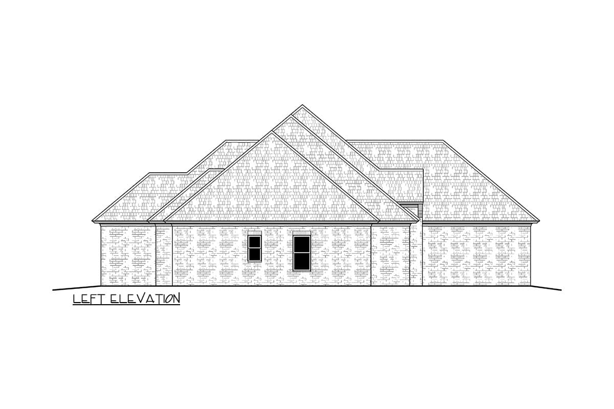 Left elevation house plan showing brick exterior, multiple gabled rooflines, and two windows.