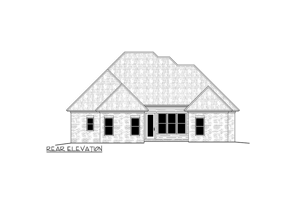 Rear elevation drawing of a single-story house plan with a hip roof, gables, brick facade, and multiple windows.