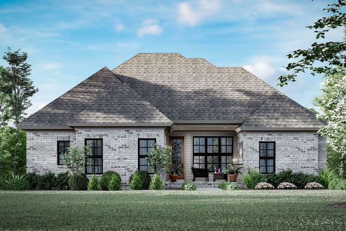 House plan exterior of a one-story Modern Farmhouse with light brick, multiple gables, and a covered porch.