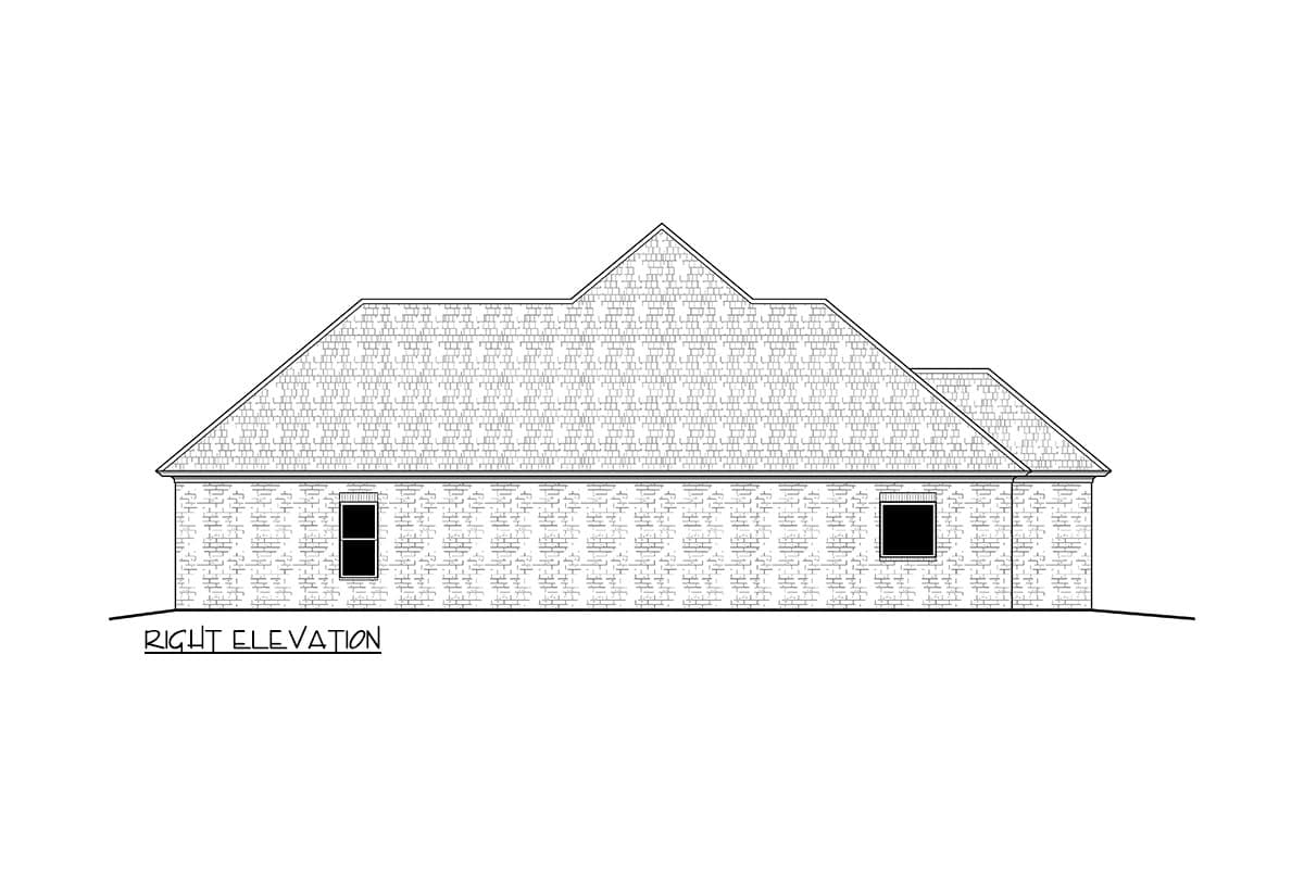 Right elevation drawing of a one-story house with brick exterior, hip roof, and two windows.