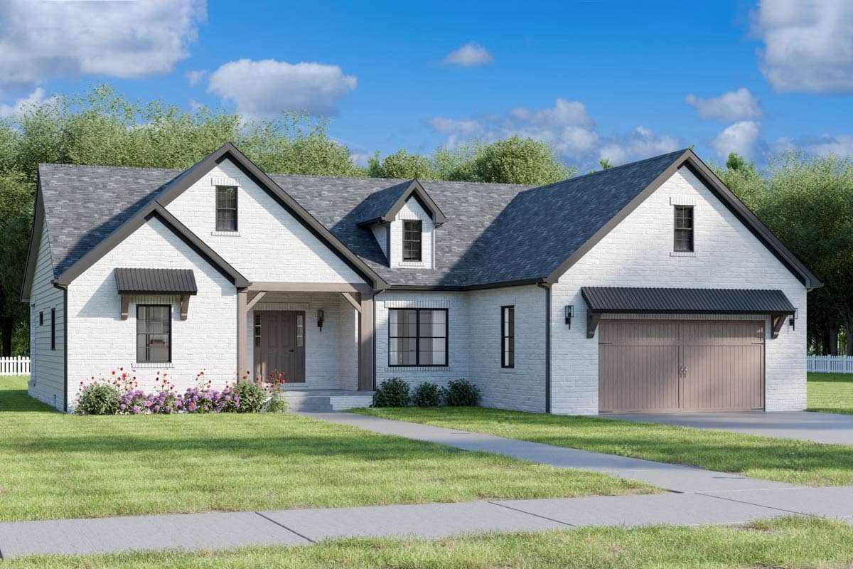 House plan exterior. Two-story Modern Farmhouse with gable roof, dormers, and attached garage. Includes a covered porch with supporting columns.