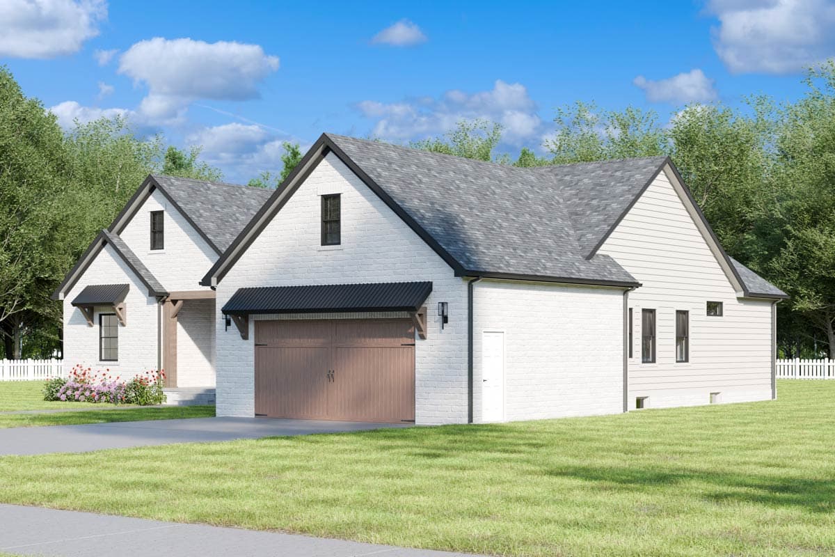 Modern Farmhouse house plan exterior with white brick, gable dormers, black awnings, and a two-car garage.
