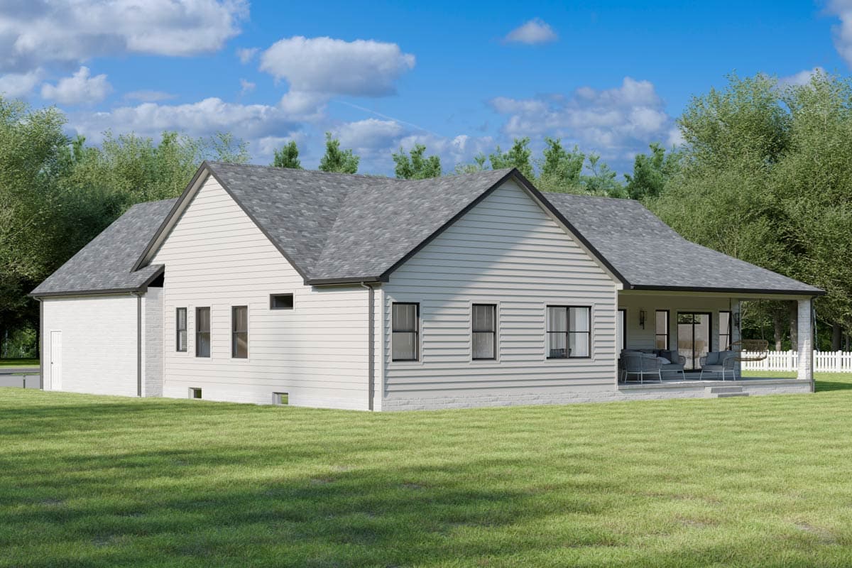 Modern Farmhouse house plan exterior, one story, with gable roof, white siding, brick base, and covered porch with seating.