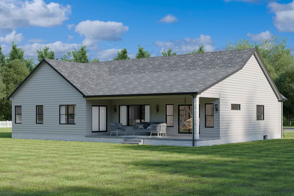 House plan exterior: Modern Farmhouse style, one-story with covered porch, gabled roof, and horizontal siding.