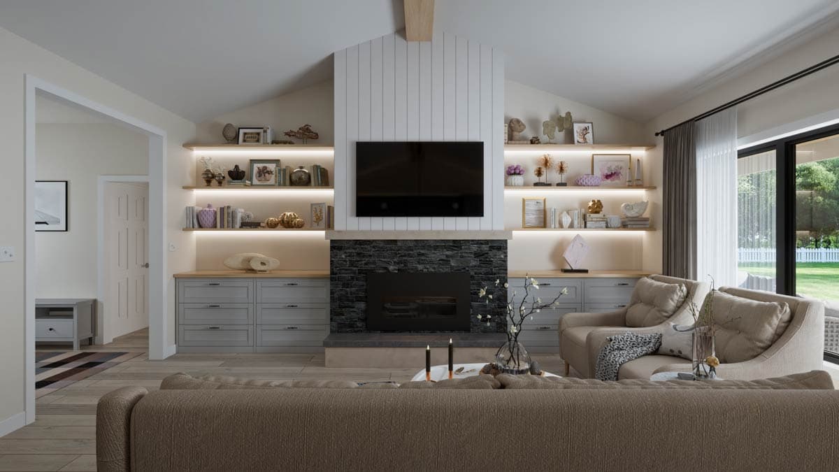 Great room with vaulted ceiling, fireplace, built-in shelving, and large windows.