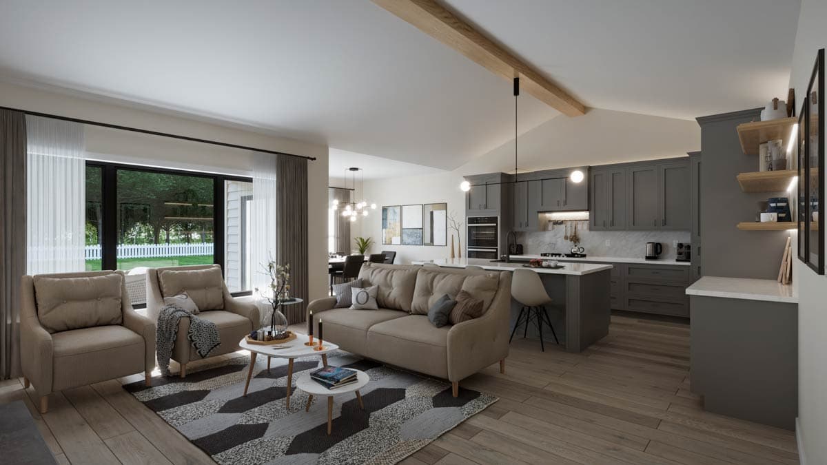 Interior rendering of open concept living, dining, and kitchen area with vaulted ceiling, wood beam, and island.