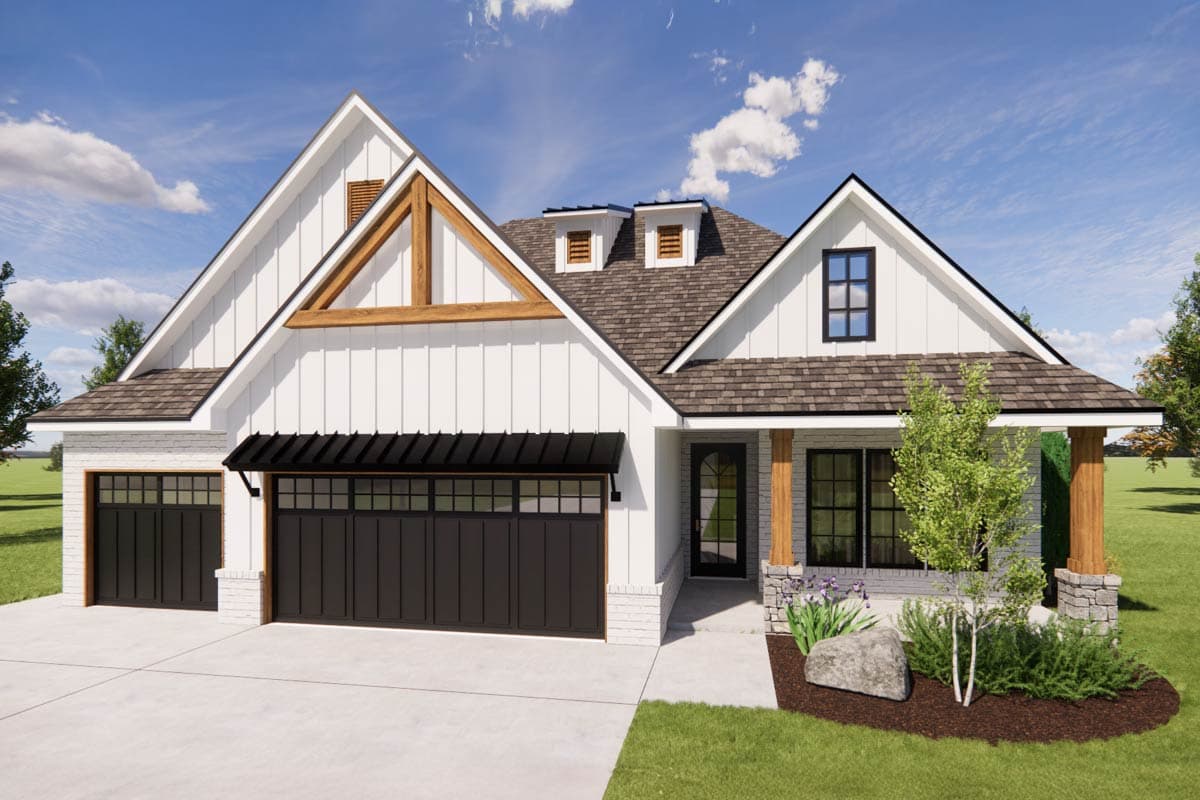 Modern Farmhouse house plan exterior with two-car garage, board and batten siding, exposed beams, and dormers.
