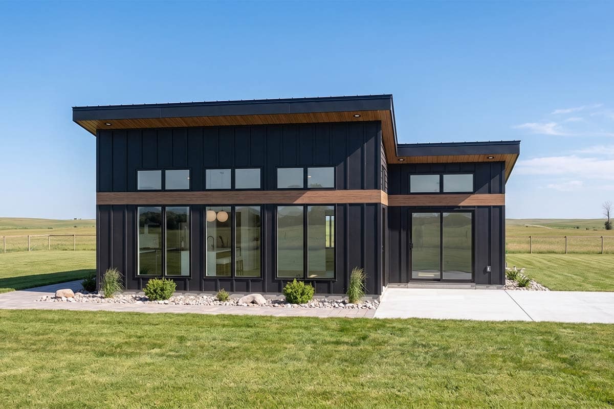 Modern house plan exterior with dark metal siding, wood accents, and a shed roof. Features extensive glass and clerestory windows.