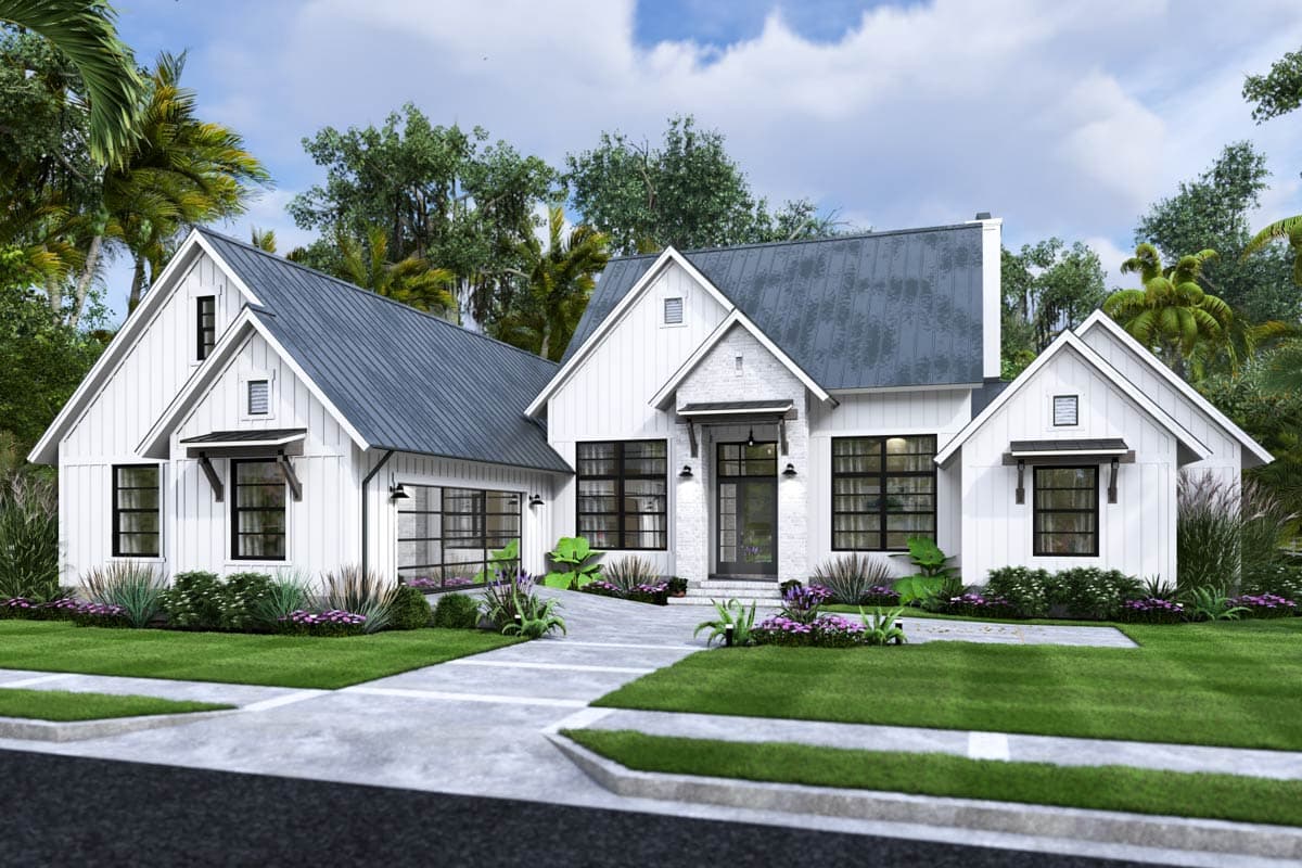Modern farmhouse house plan exterior with a single story, board and batten siding, multiple gables, and a metal roof. Includes attached garage.