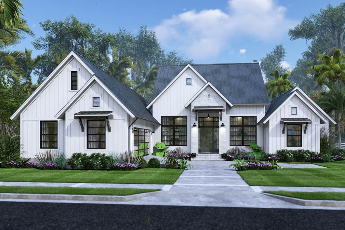 Modern Farmhouse style house plan exterior with gables, metal roof, board and batten siding, and prominent front entrance.