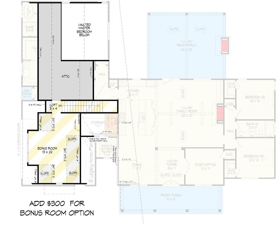 Plan 680483VR: 3-Bed Modern Farmhouse Plan under 2400 Sq Ft with Garage and Bonus Room Options - Floor Plan - Bonus Room Option (+$300) - Country, Farmhouse, Modern Farmhouse