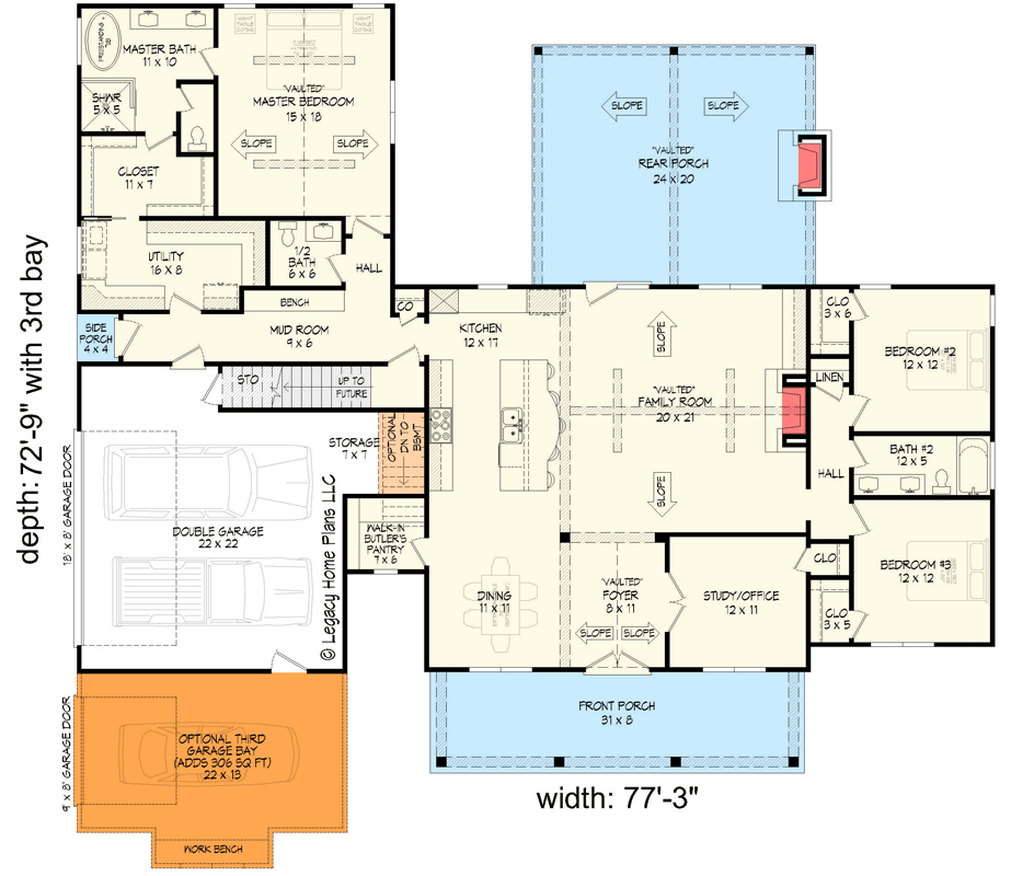 Plan 680483VR: 3-Bed Modern Farmhouse Plan under 2400 Sq Ft with Garage and Bonus Room Options - Floor Plan - Main Level - 3-Car Garage Option ($300) - Country, Farmhouse, Modern Farmhouse