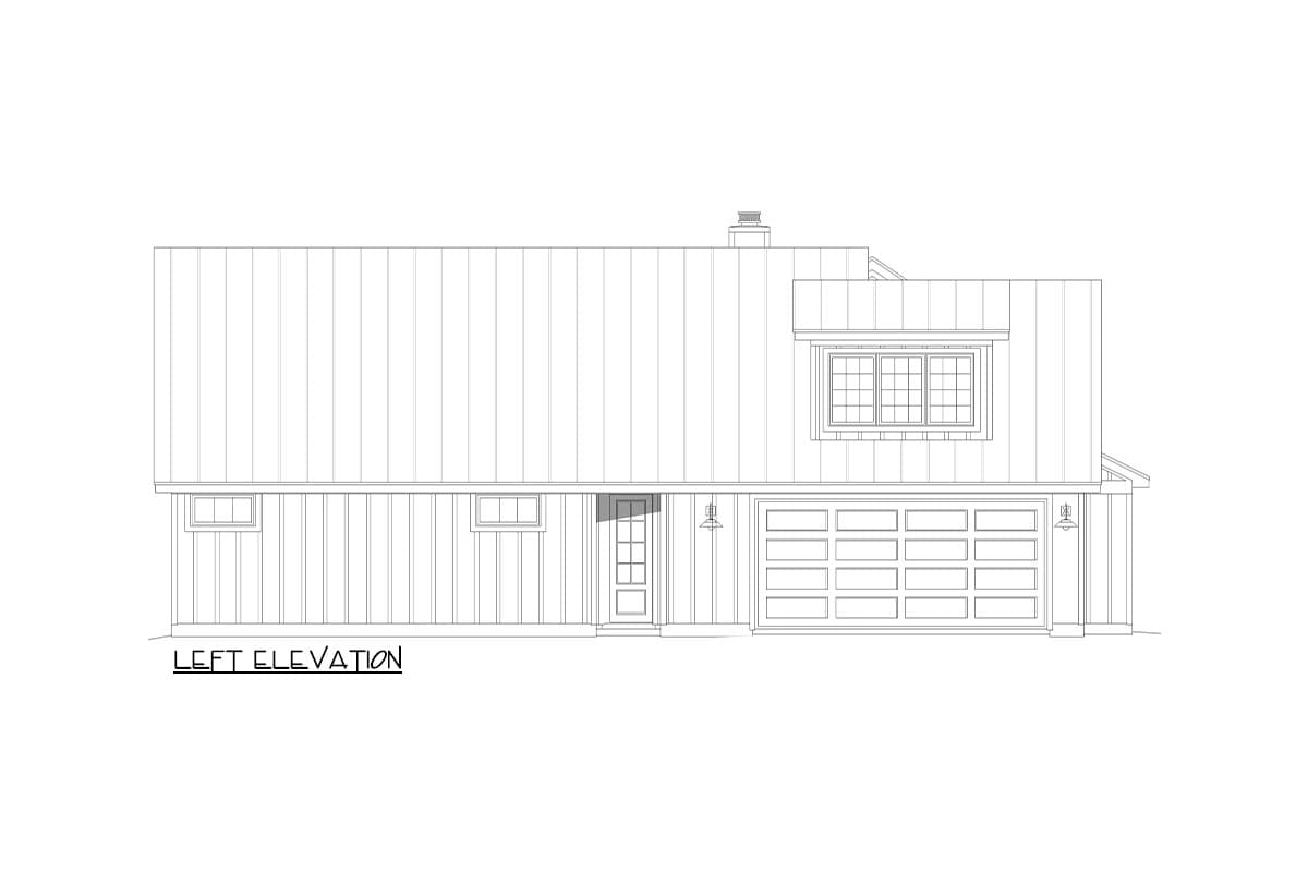 Left elevation house plan shows a two-story home with vertical siding, a multi-pane window, and a two-car garage.