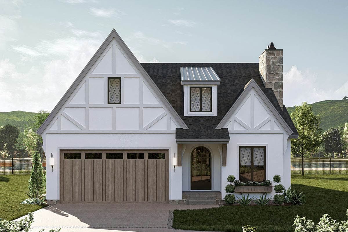Tudor-style house plan exterior. Features include gabled roof, stone chimney, window dormer, and a decorative trim above a garage door.