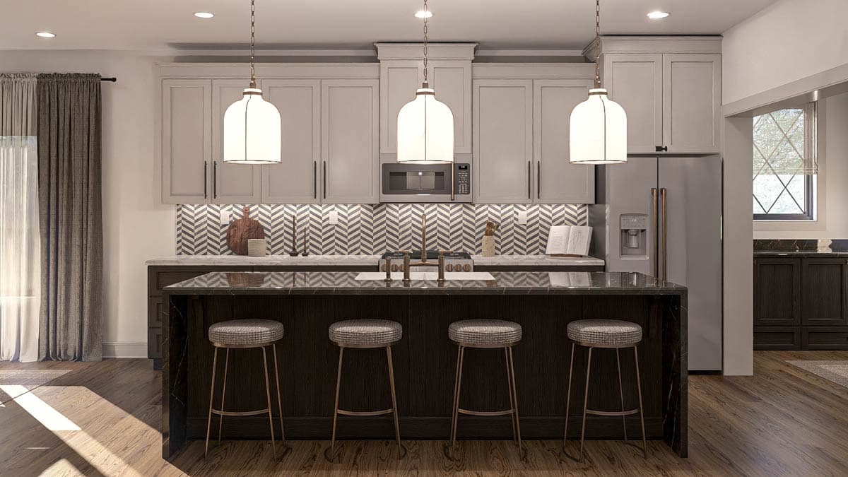 Kitchen with island, pendant lights, stainless steel refrigerator, and chevron tile backsplash.