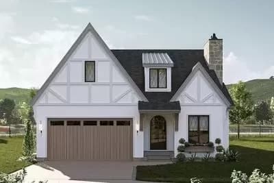 One-Story Tudor House Plan with Cathedral Great Room - 1546 Sq Ft