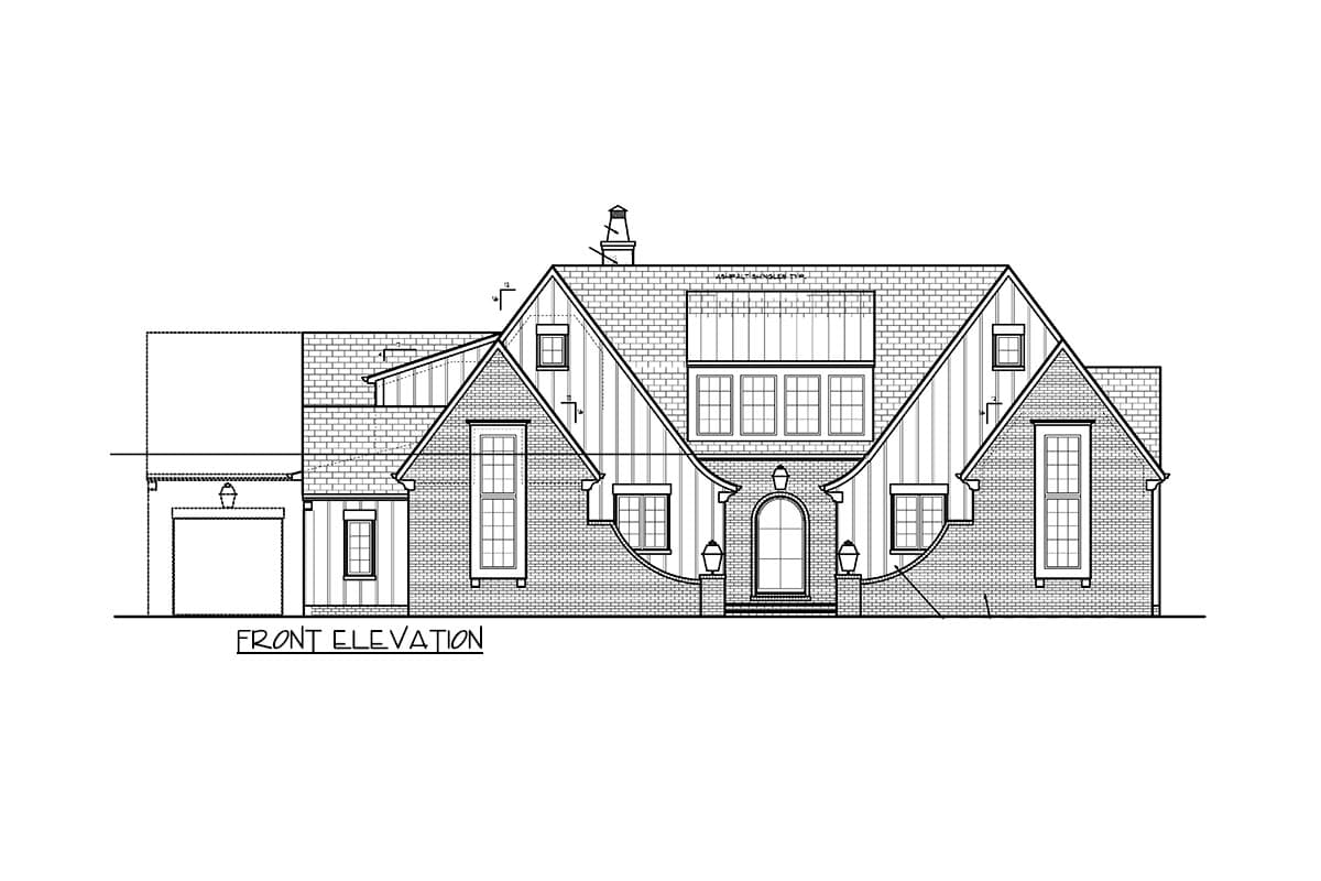 Front elevation drawing of a two-story house with arched entry, multiple gables, dormers, and attached garage.