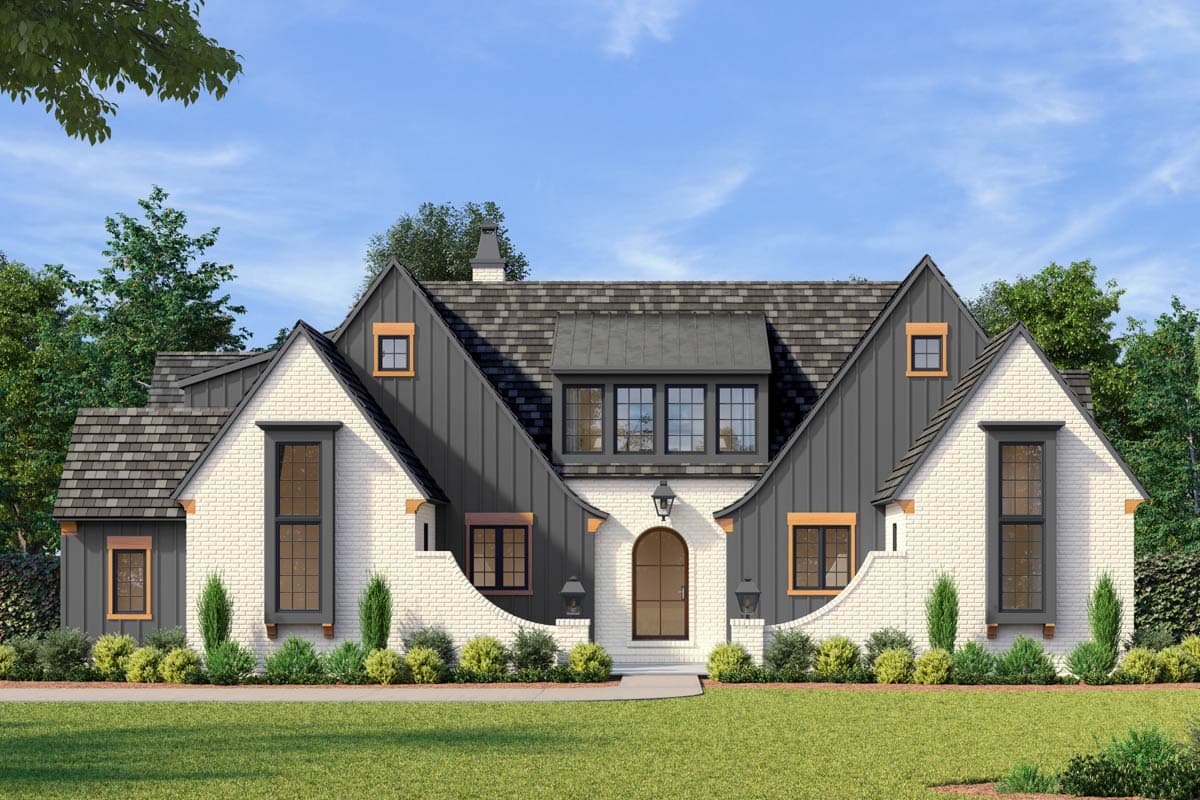 House plan exterior. Two-story Modern Farmhouse with gabled roof, brick facade, arched entry, and vertical siding on gables.