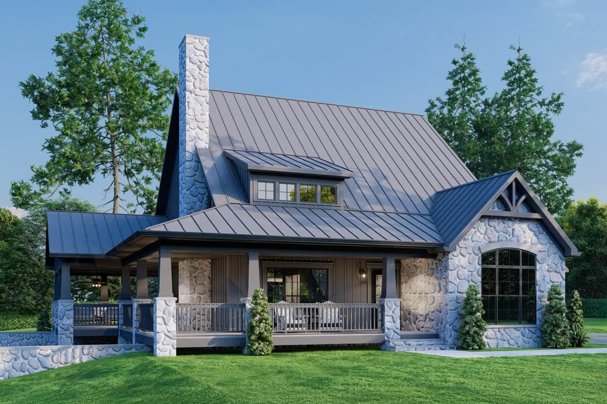 House plan exterior: One-story Modern Farmhouse with stone accents, metal roof, prominent chimney, and wraparound porch.