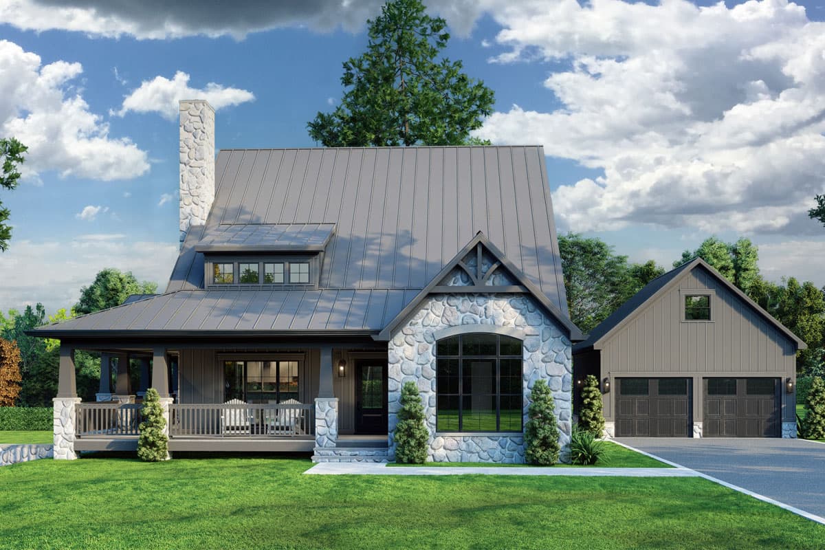 House plan exterior with stone accents, covered porch, and metal roof. Features include gabled dormer and attached garage.