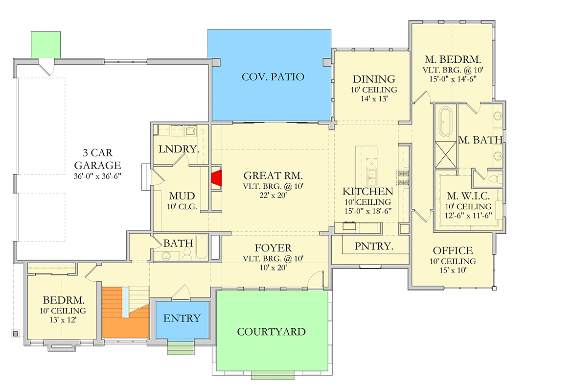 Plan 490118NAH: 4-Bed Transitional Tudor House Plan with Optionally Finished Lower Level - 3700 Sq Ft - Floor Plan - Main Level - Modern, Transitional