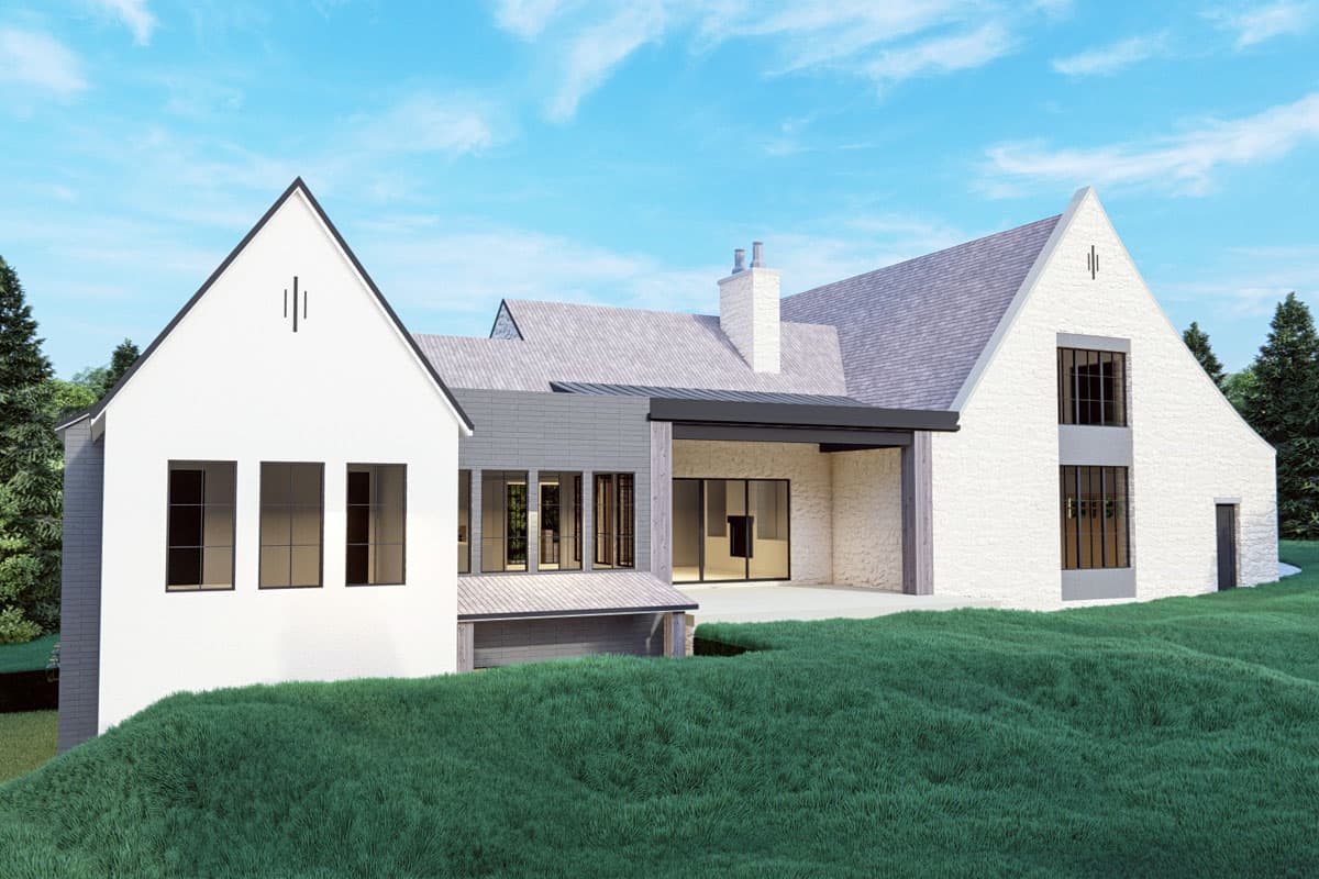 House plan exterior showing a modern farmhouse style with multiple gables, a covered patio, and a two-car garage.
