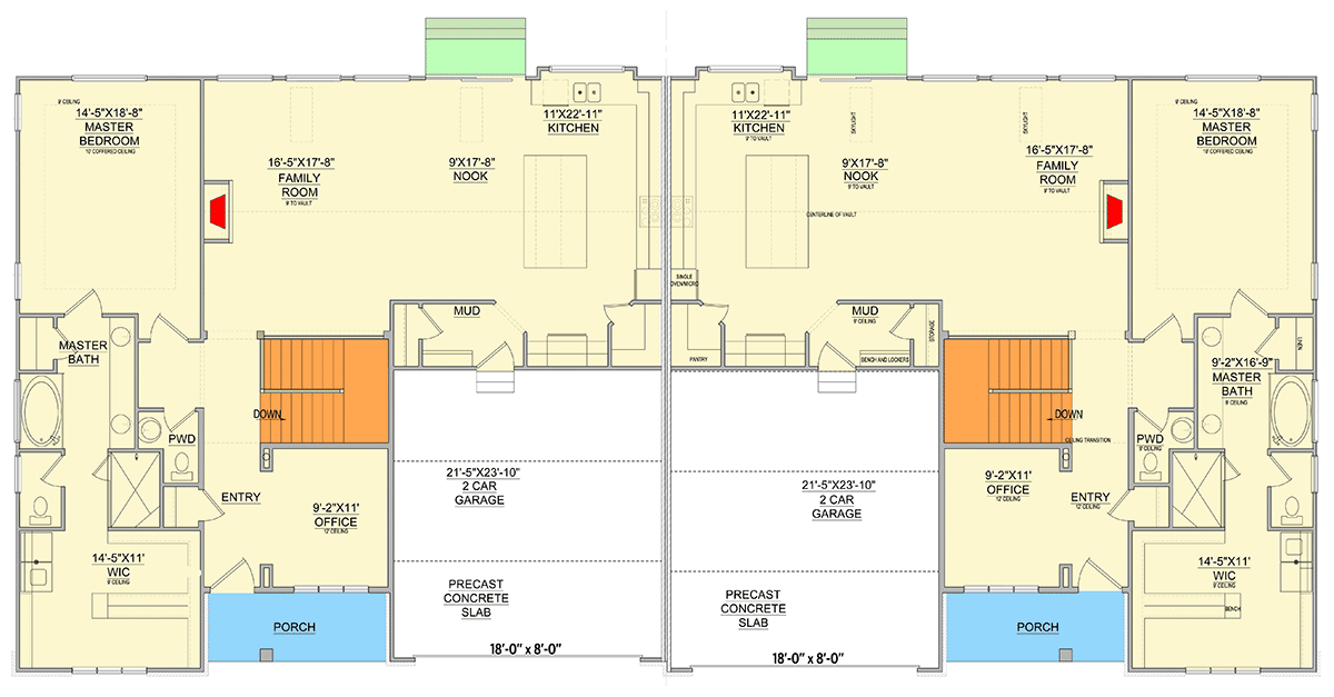 Plan 849044PGE: Modern Farmhouse Duplex House Plan with 4-Bed 2.5-Bath and 4169 Sq Ft Per Unit - Floor Plan - Main Level - Modern Farmhouse, New American, Ranch