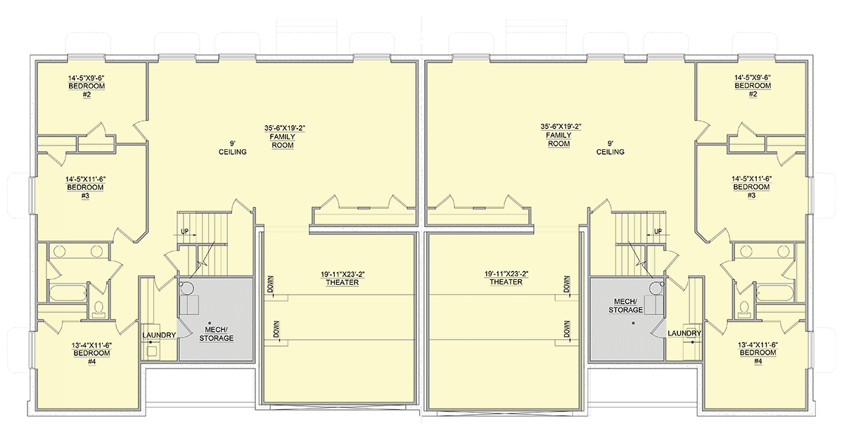 Plan 849044PGE: Modern Farmhouse Duplex House Plan with 4-Bed 2.5-Bath and 4169 Sq Ft Per Unit - Floor Plan - Lower Level - Modern Farmhouse, New American, Ranch