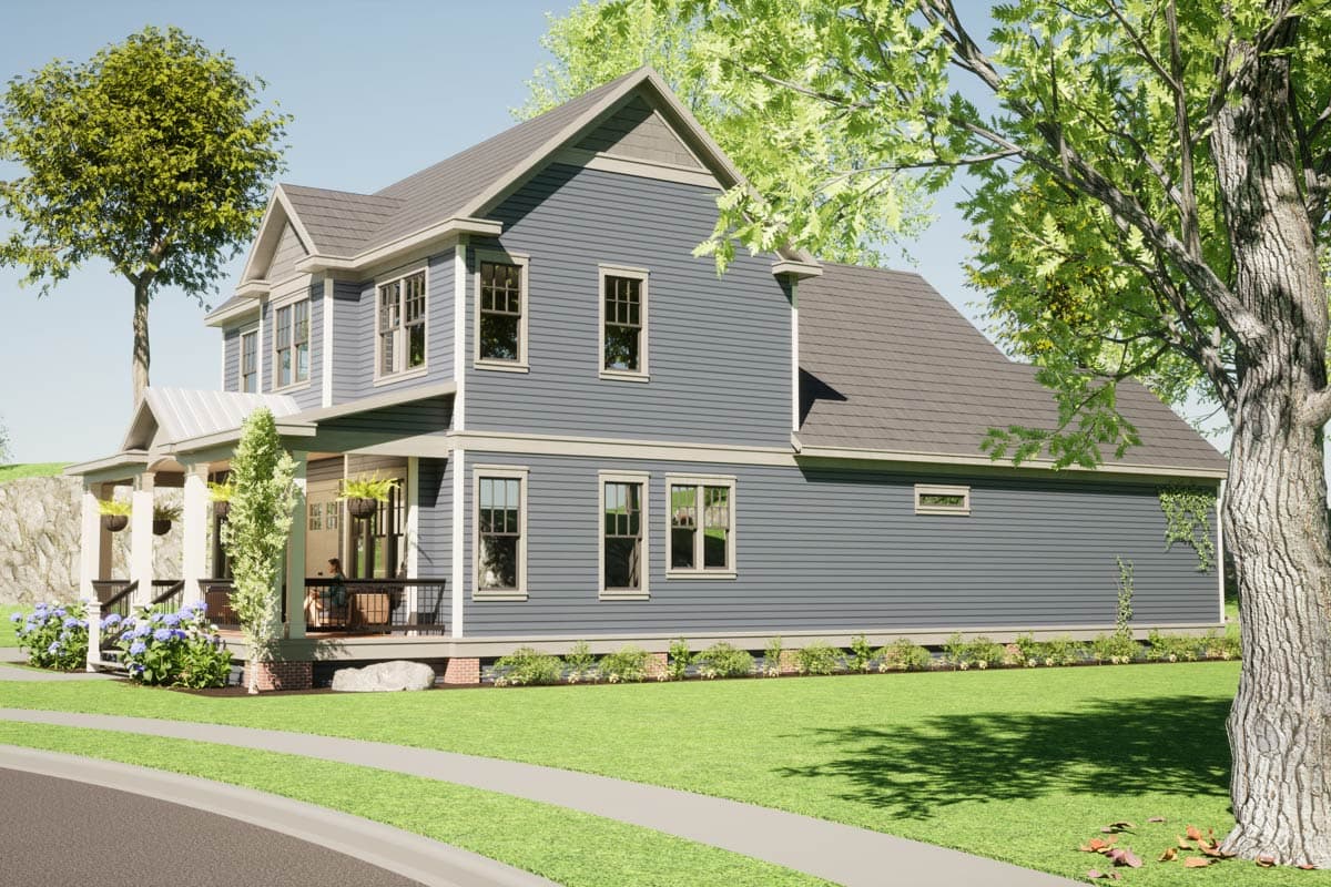 House plan exterior: two-story blue siding home with a wraparound porch, gables, and a dormer.