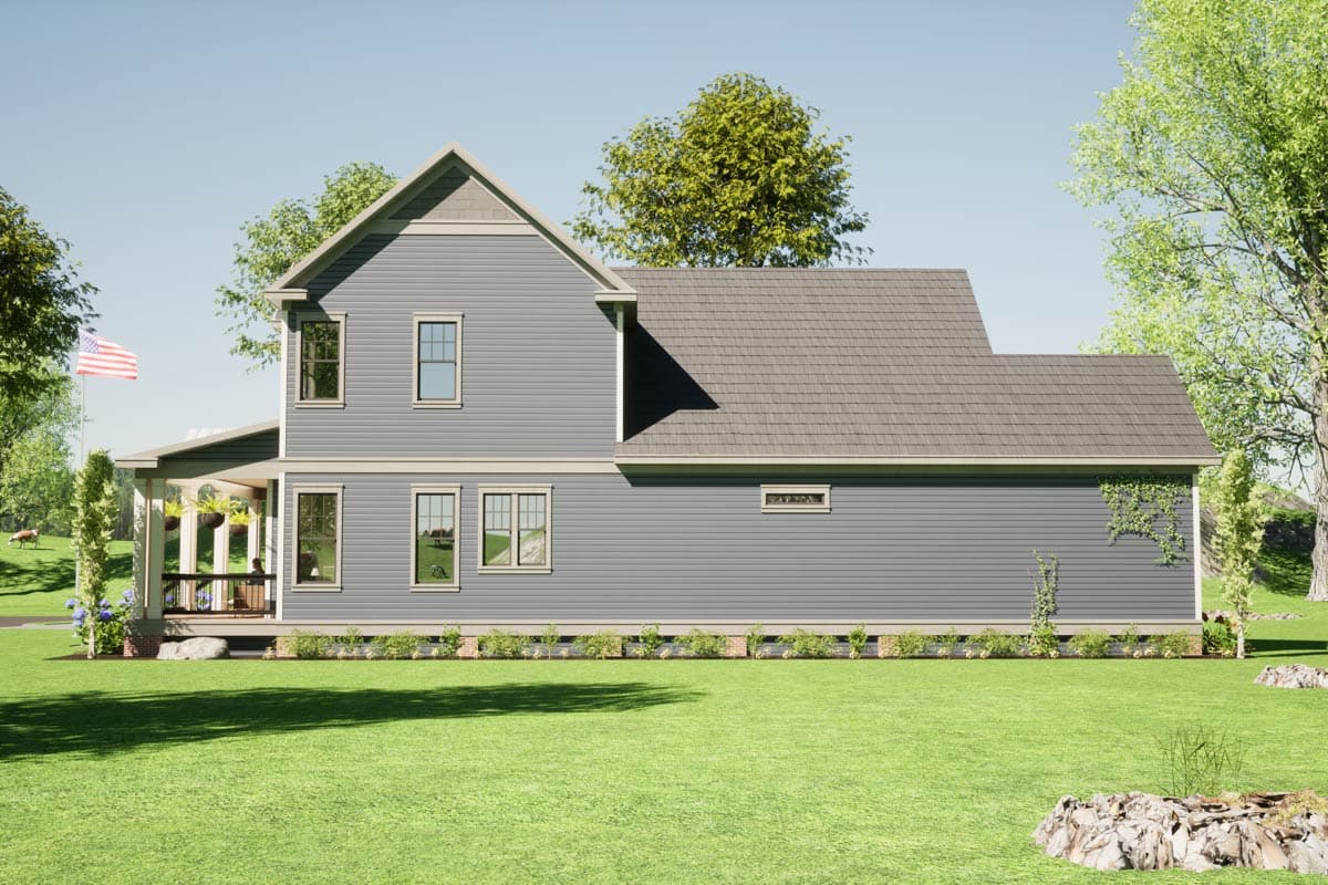 Two-story house plan exterior with siding, gabled dormer, and covered front porch with columns.