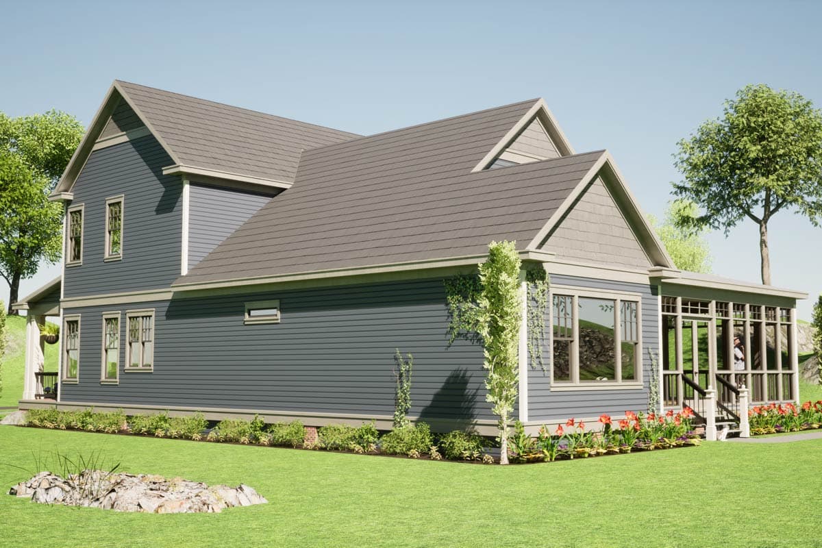 Two-story house plan exterior with a gabled roof, siding, dormer windows, and a sunroom.