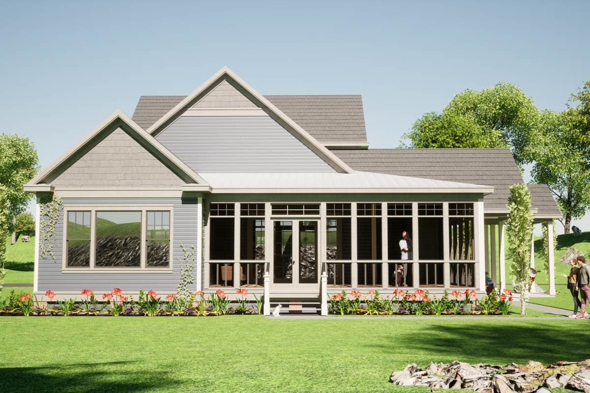 House plan exterior: A one-and-a-half-story home with a large screened porch, gable rooflines, and horizontal siding.