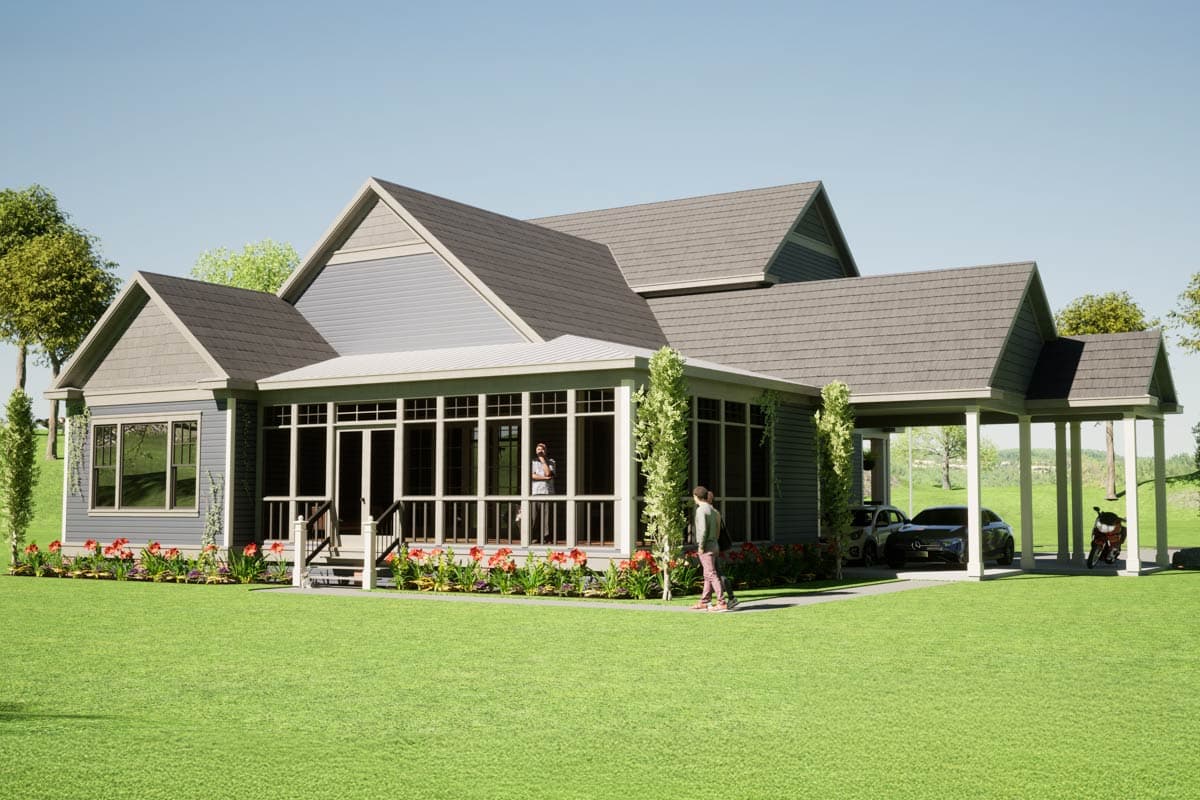 House plan exterior: One-story Modern Farmhouse with a screened porch, multiple gables, and a side-facing two-car carport.