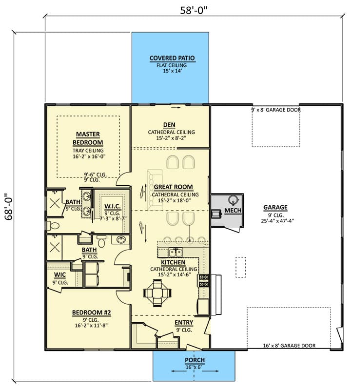 Plan 911049JVD: 1500 Sq Ft Barndominium-Style Cottage House Plan with 2-Bedrooms and 1250 Sq Ft Garage - Floor Plan - Main Level - Barndominium, Country, Craftsman, Ranch
