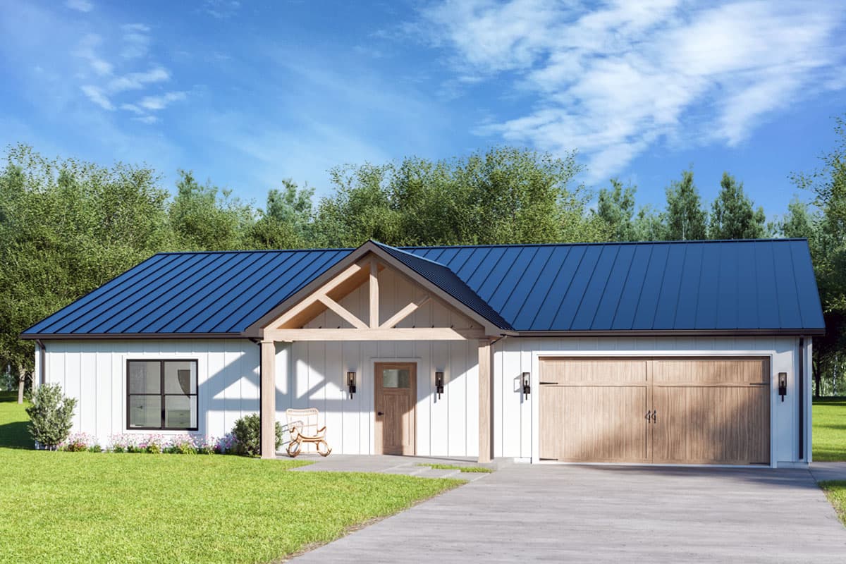House plan exterior. Modern farmhouse style with gabled entry porch, wood garage door, and metal roof. Single story structure.
