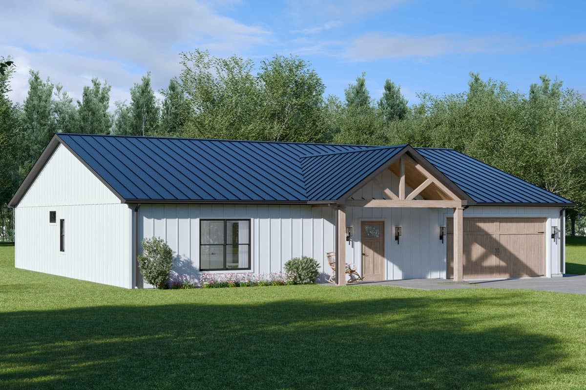 House plan exterior: Modern Farmhouse style, single-story, white board and batten siding, dark metal roof, exposed beams over entry, attached garage.