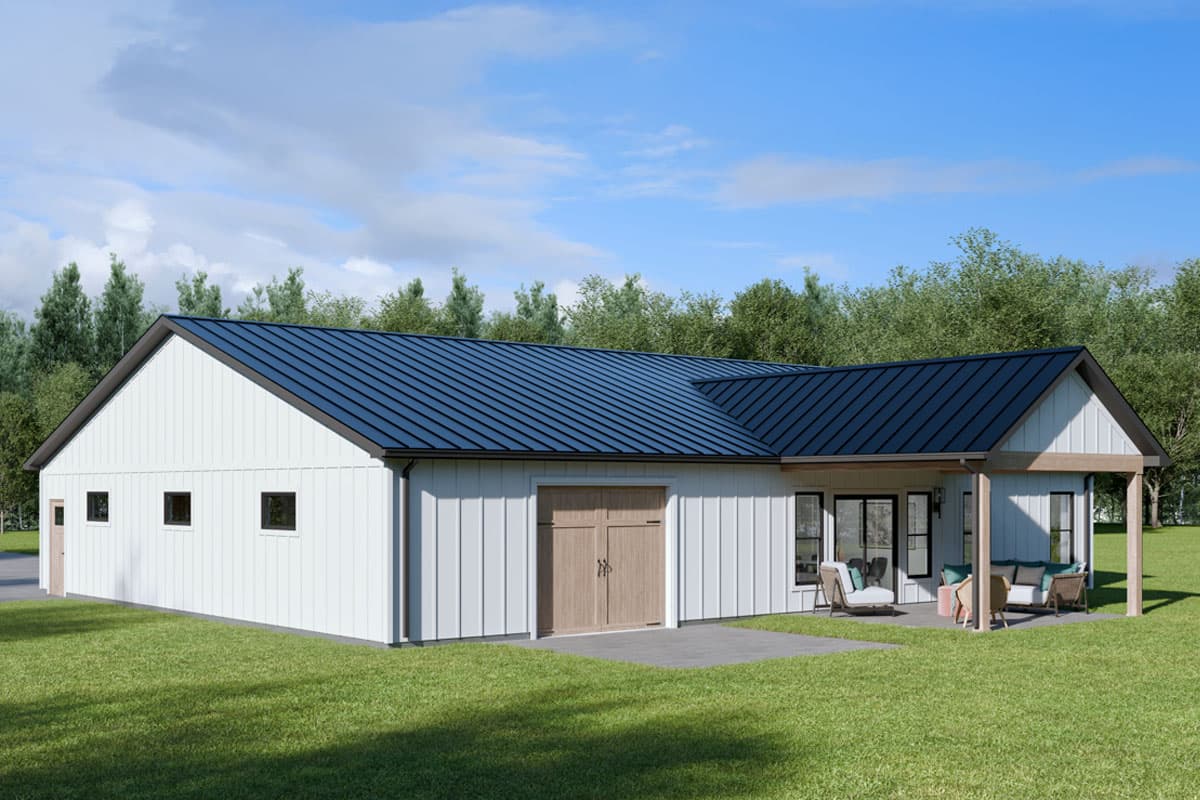 Modern Farmhouse house plan exterior, single story, white board and batten siding, dark metal roof, attached garage, and covered patio.