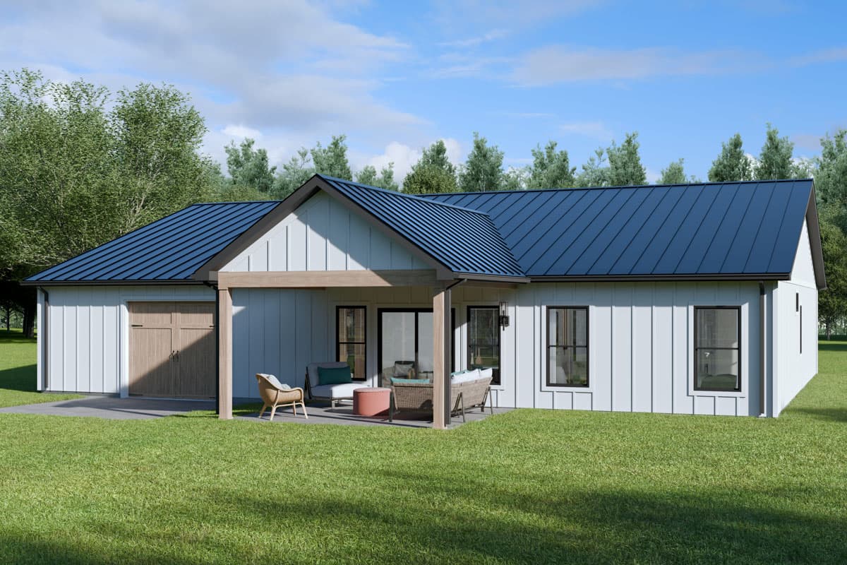 House plan exterior: Modern Farmhouse style, one story, white board-and-batten siding, dark metal roof, covered patio, attached garage.
