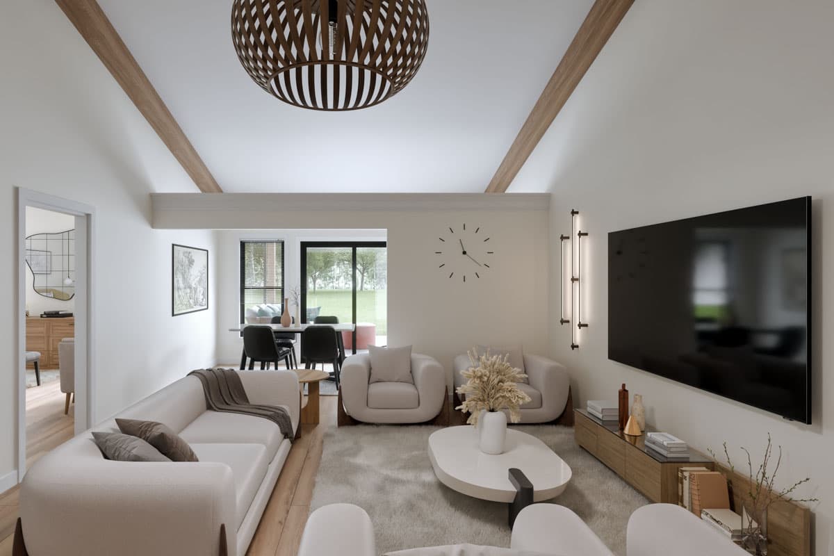 Interior rendering of a living room with vaulted ceiling, exposed beams, sectional sofa, and open dining area.