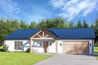 1500 Sq Ft Barndominium-Style Cottage House Plan with 2-Bedrooms and 1250 Sq Ft Garage