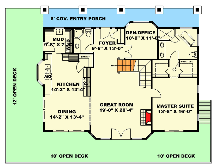 Plan 350086GH: 1-Bed Craftsman House Plan with 3rd Floor Viewing Tower and Widow Walk - 2280 Sq Ft - Floor Plan - Main Level - Coastal, Cottage, Craftsman, Mountain, Vacation