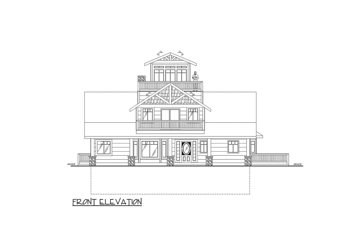 Front elevation drawing of a house plan with a central entrance, multiple gables, dormers, and a deck.