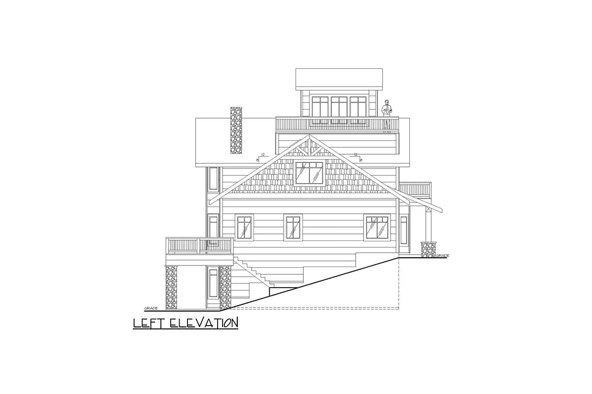 Left elevation architectural drawing of a multi-story house plan with gables, chimneys, and multiple decks.