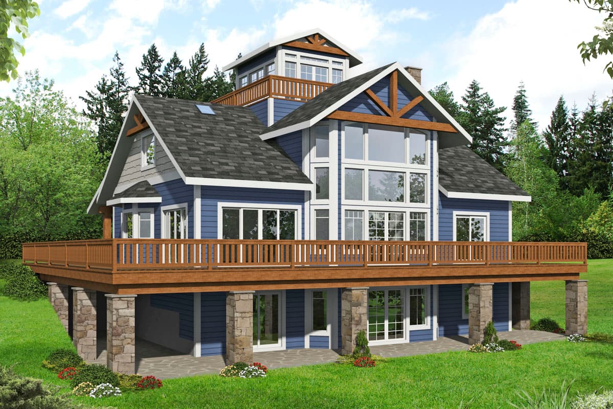 House plan exterior with two stories, gabled roof, timber frame accents, and wrap-around deck. Includes a cupola with a deck.