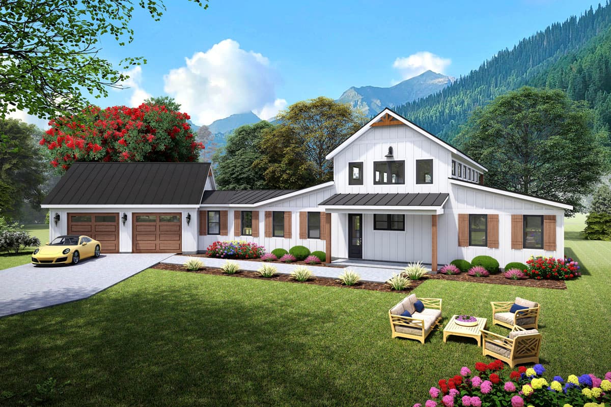 House plan exterior. Two-story Modern Farmhouse with a gabled roof, shutters, and a detached two-car garage. Features a covered porch.
