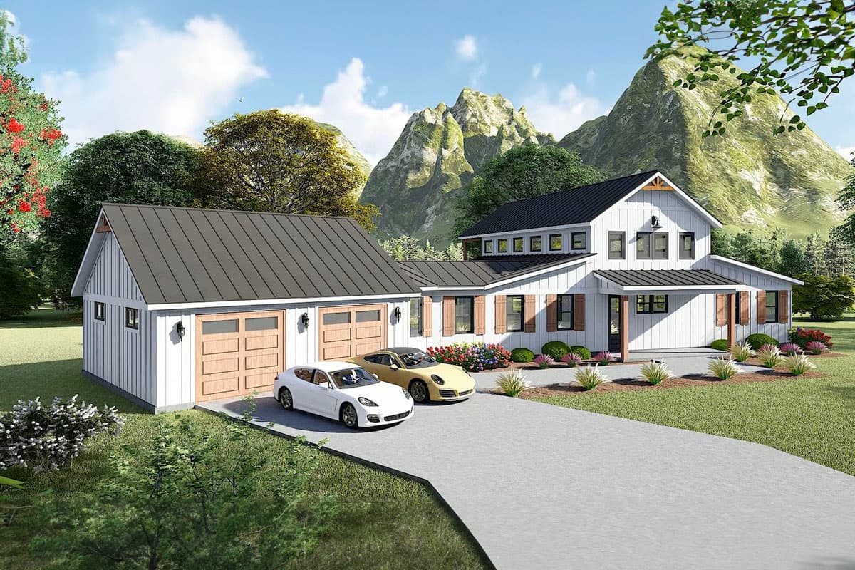Modern farmhouse style house plan exterior with attached three-car garage, gabled roof, porch, and large windows.