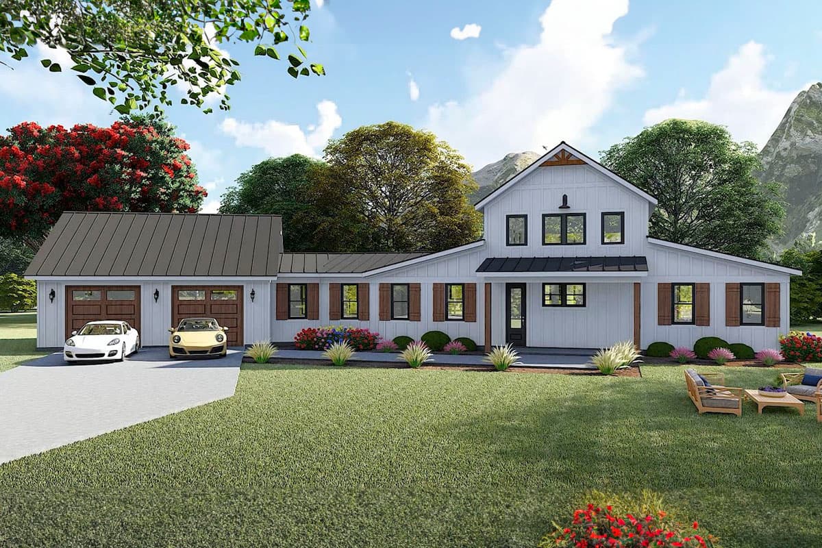 Modern Farmhouse house plan exterior with attached two-car garage, board-and-batten siding, dormer, and metal rooflines.