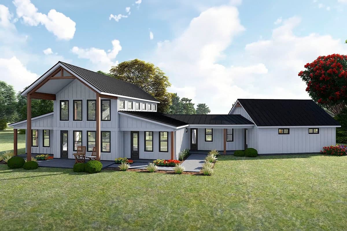 Modern farmhouse house plan exterior with two stories, gabled rooflines, exposed beams, and a covered porch.