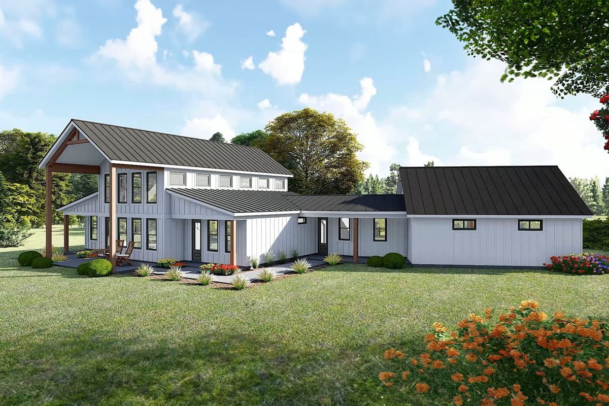 House plan exterior: Modern Farmhouse design with two stories, exposed wood beams, a covered porch, and metal roof.