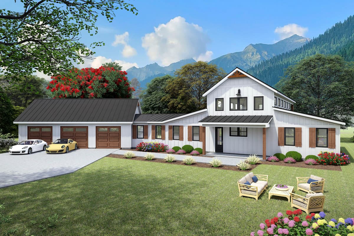 Modern Farmhouse house plan exterior with a three-car garage, board-and-batten siding, gable dormers, and a covered entry.